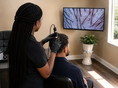 Hair progress tracked with 200x scalp imaging shown on a clinic screen