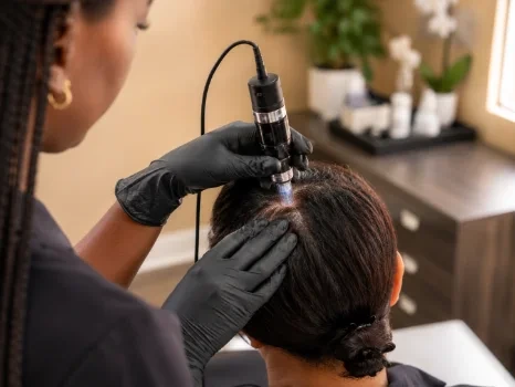 A clinician using a microneedling device on a client's scalp during a treatment session