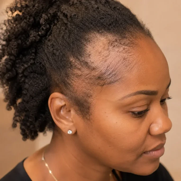 Profile of a woman with natural hair showing thinning edges along her hairline