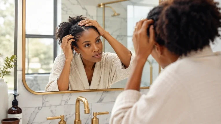 Woman checking thinning at her crown from above in a bathroom mirror