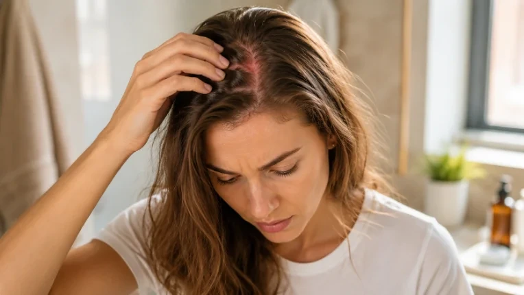 Woman scratching an irritated, itchy scalp along her part line at home