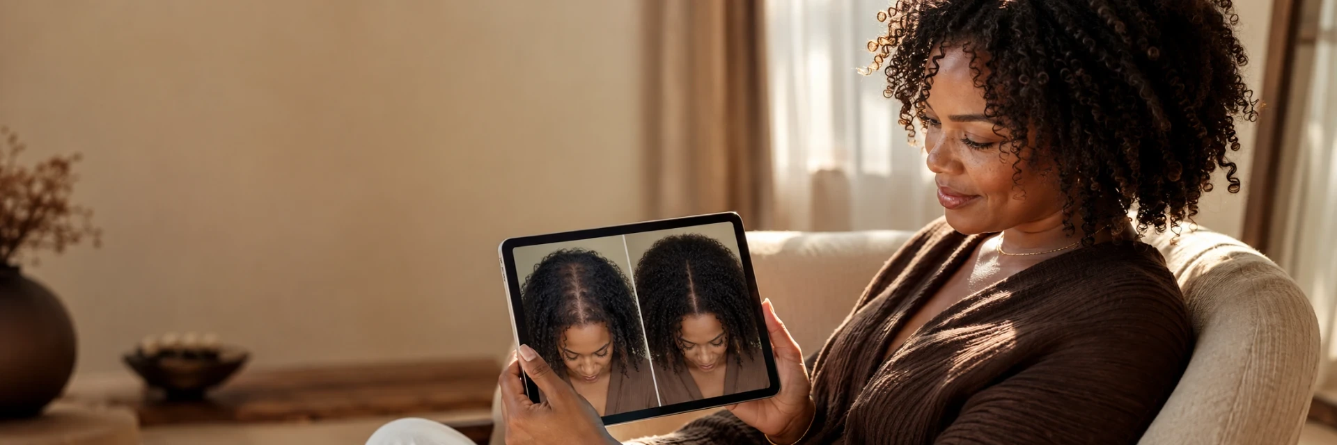 Woman reviewing before and after hair progress photos on a tablet