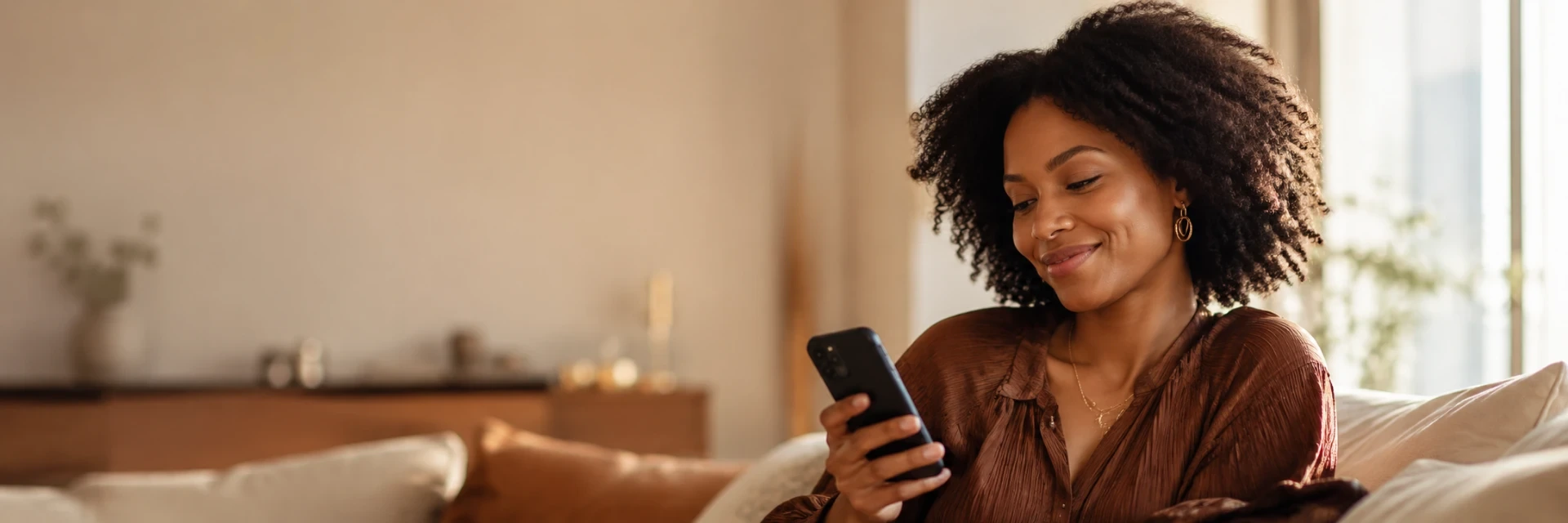 Woman with full, healthy natural hair looking at her phone
