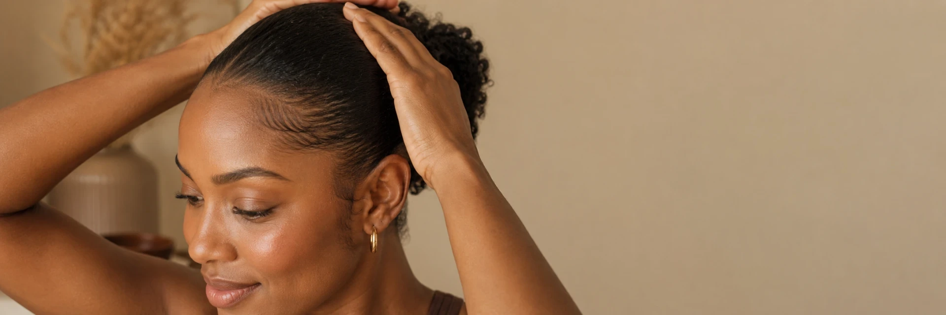 Woman smoothing her hair back into a pulled-back style