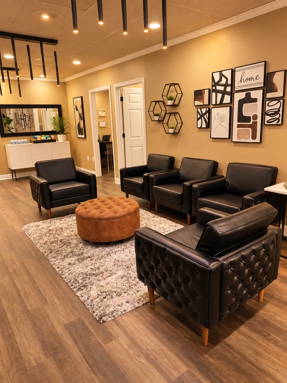 The lobby at Nina Ross Atlanta, Suite 290, with black leather chairs and framed line art