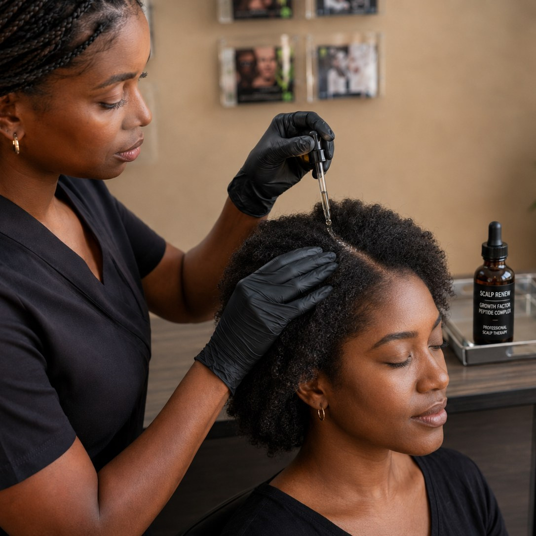 A Nina Ross Atlanta practitioner in scrubs applying a Scalp Renew peptide complex to a client's scalp during an in-clinic treatment
