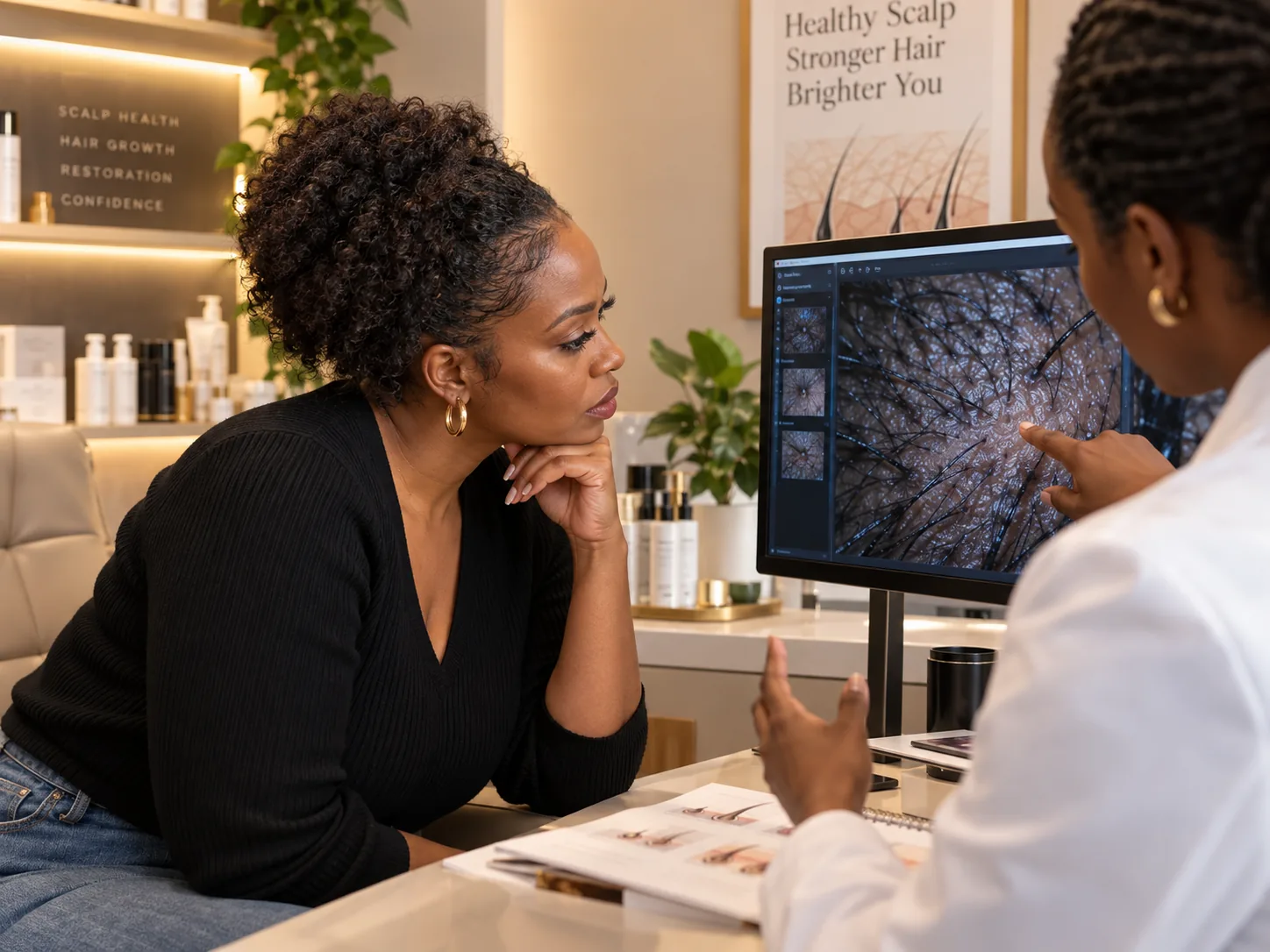 A client and a specialist reviewing a magnified scalp analysis together on a monitor