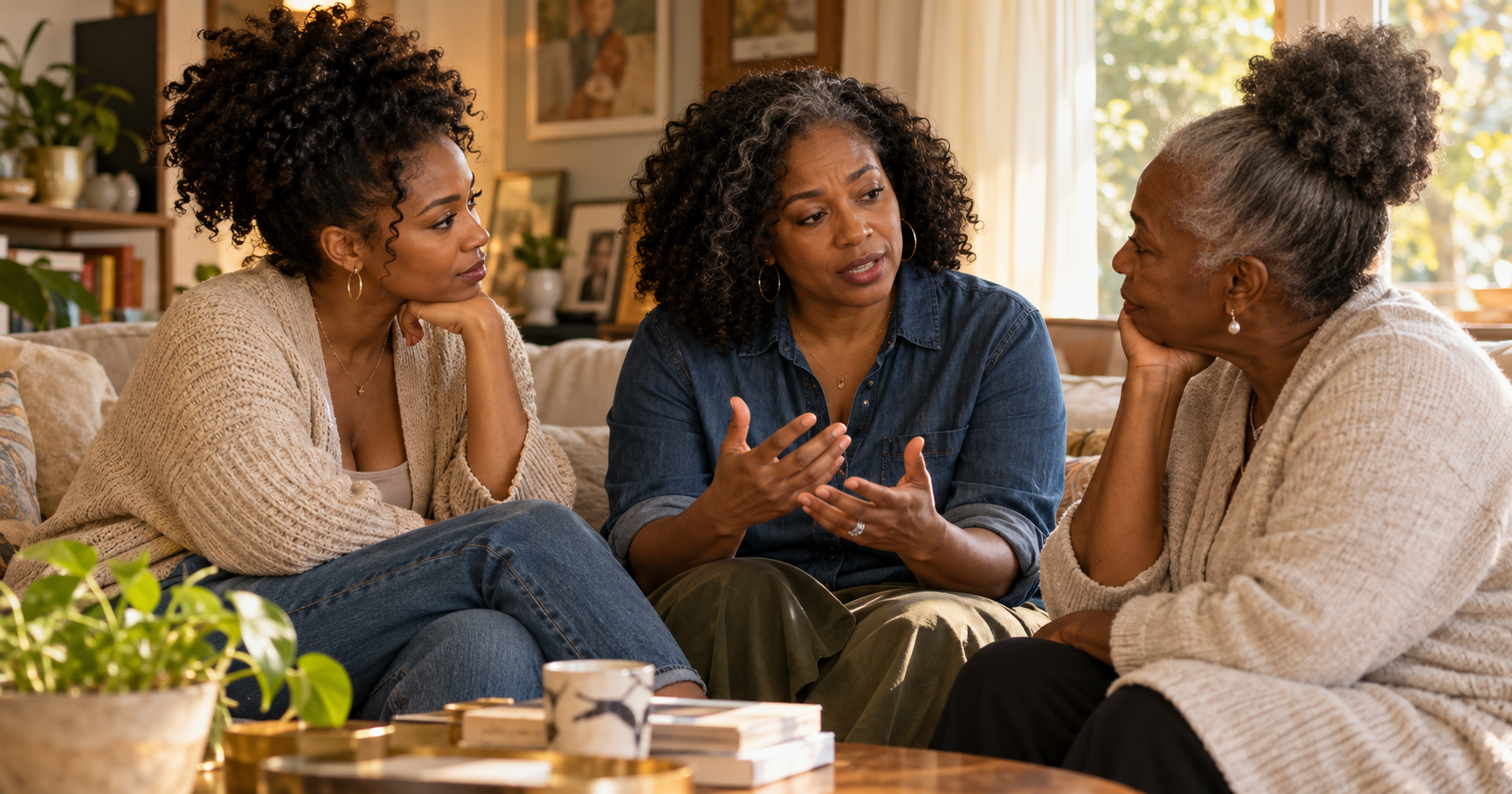 Three women of different generations talking together on a couch at home