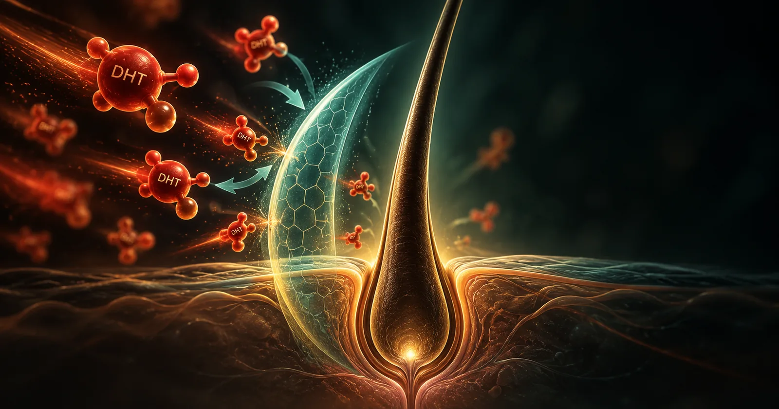 DHT molecules binding to a hair follicle beneath the scalp