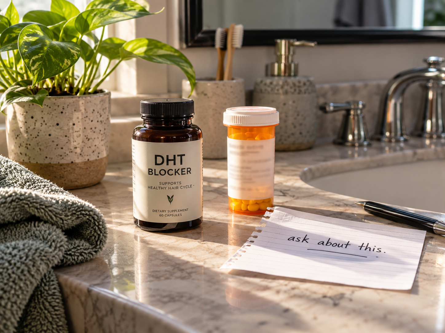 A DHT blocker supplement bottle on a bathroom counter beside a note reading ask about this
