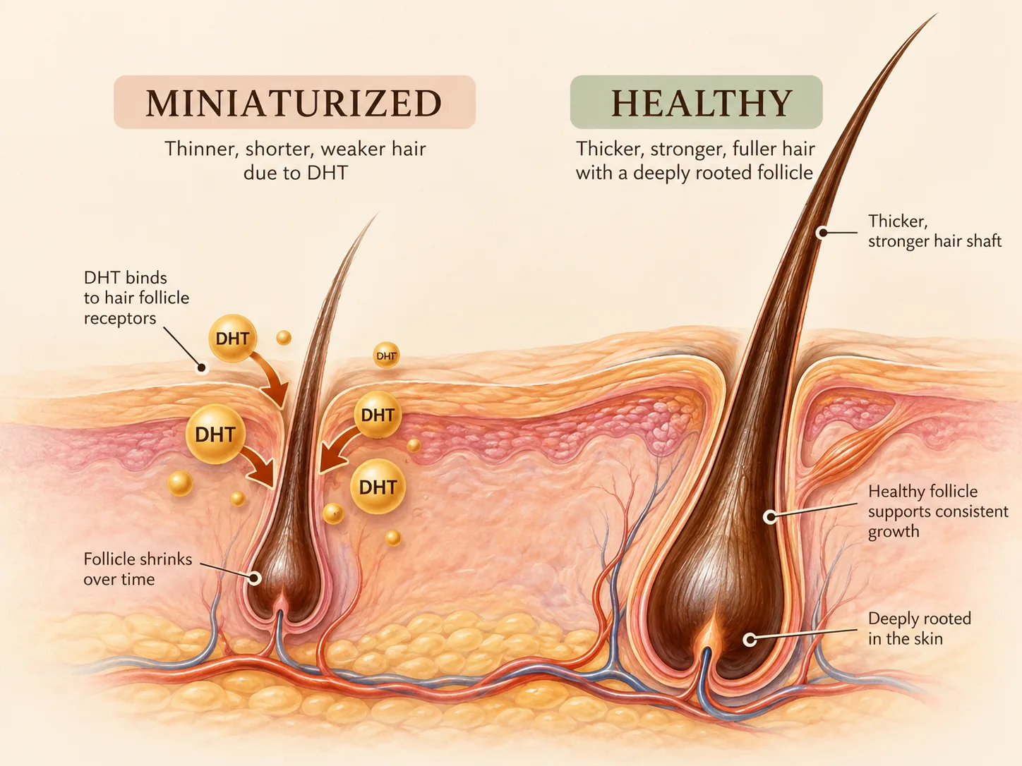 Diagram comparing a miniaturized follicle thinned by DHT with a healthy, deeply rooted follicle