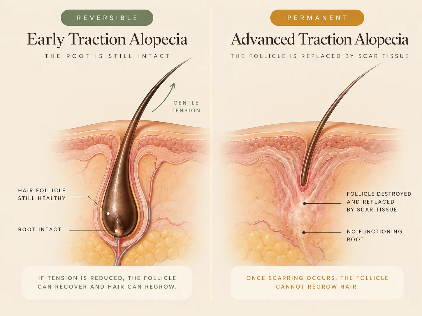 Illustration comparing an intact follicle in early traction alopecia with scarring in advanced traction alopecia