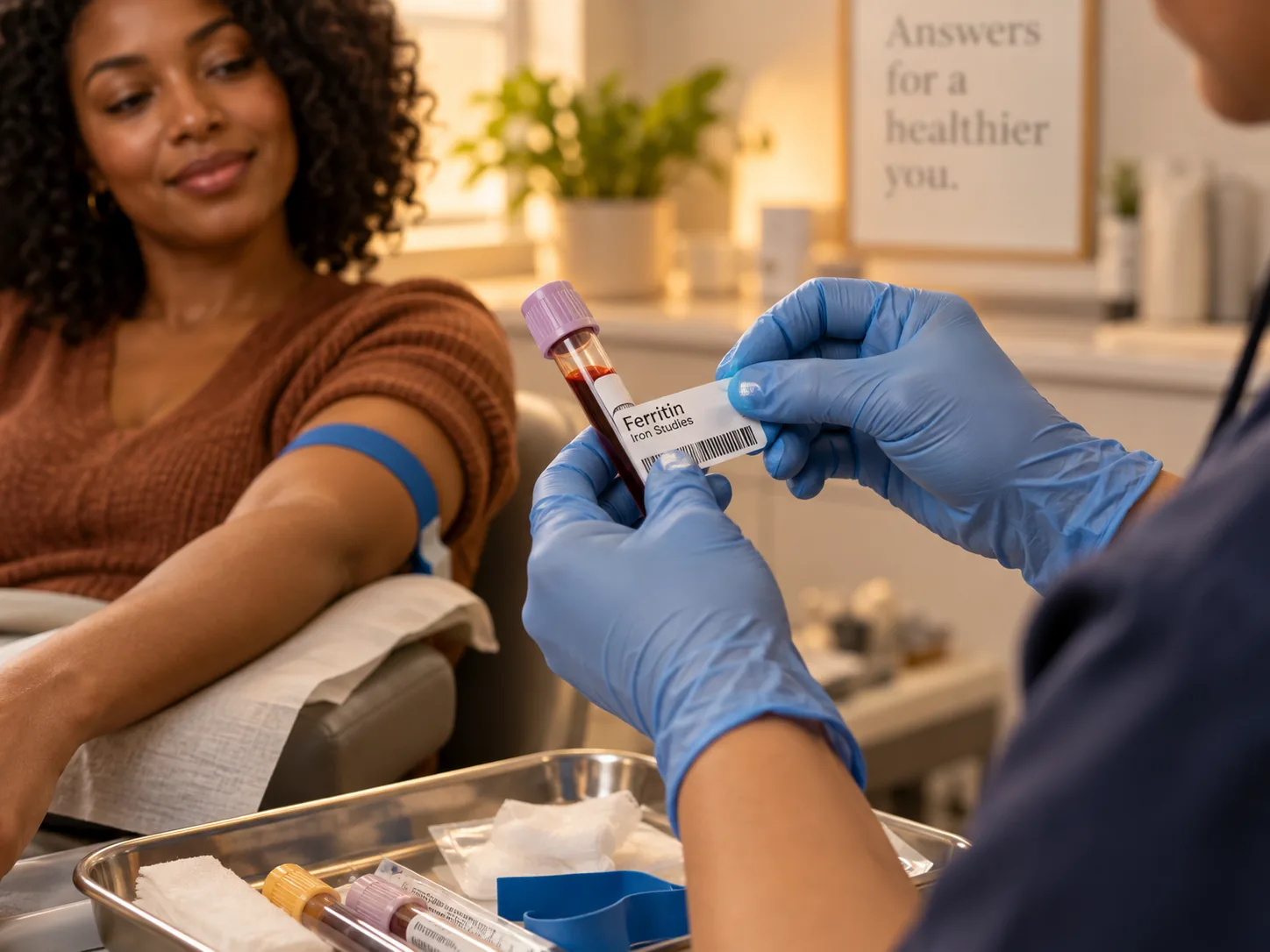 A phlebotomist labeling a ferritin iron studies blood sample while a client gives blood
