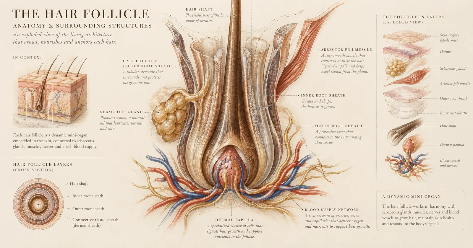 Anatomical illustration of a hair follicle with its layers, glands, muscles and blood supply labeled