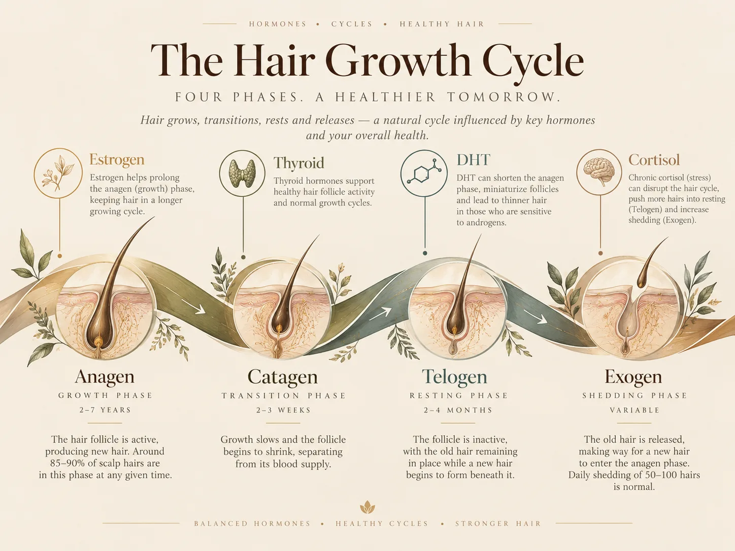 Illustration of the four phases of the hair growth cycle, anagen, catagen, telogen and exogen, with the hormones that influence each