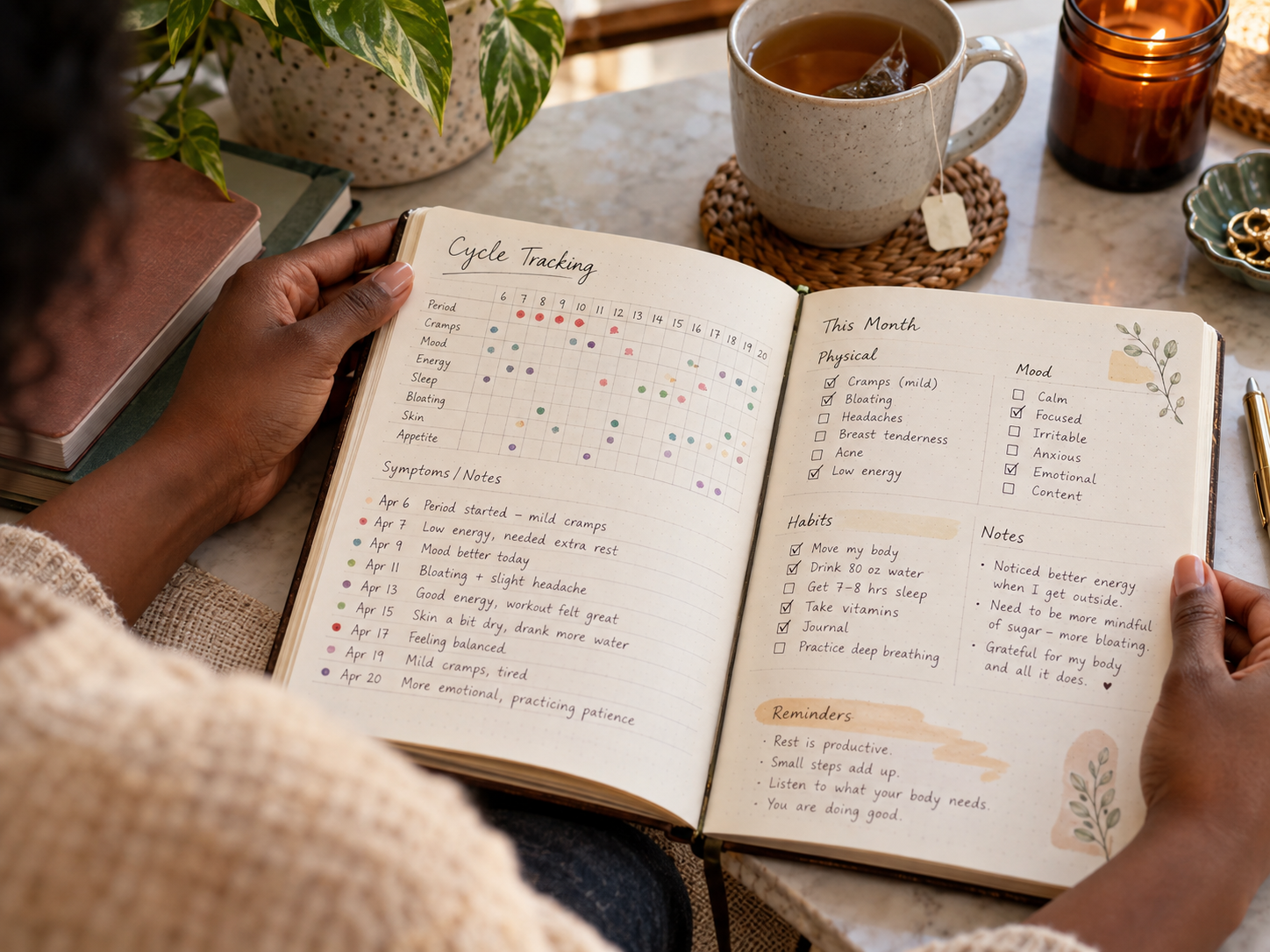A woman recording cycle timing, symptoms and daily habits in a journal