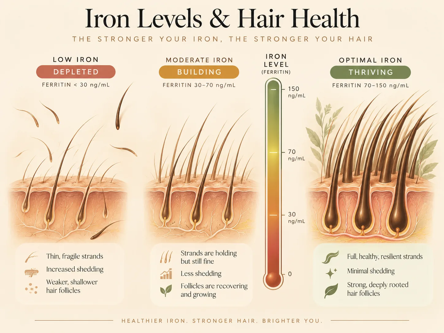 Illustration comparing depleted, building and thriving follicles across ferritin iron levels
