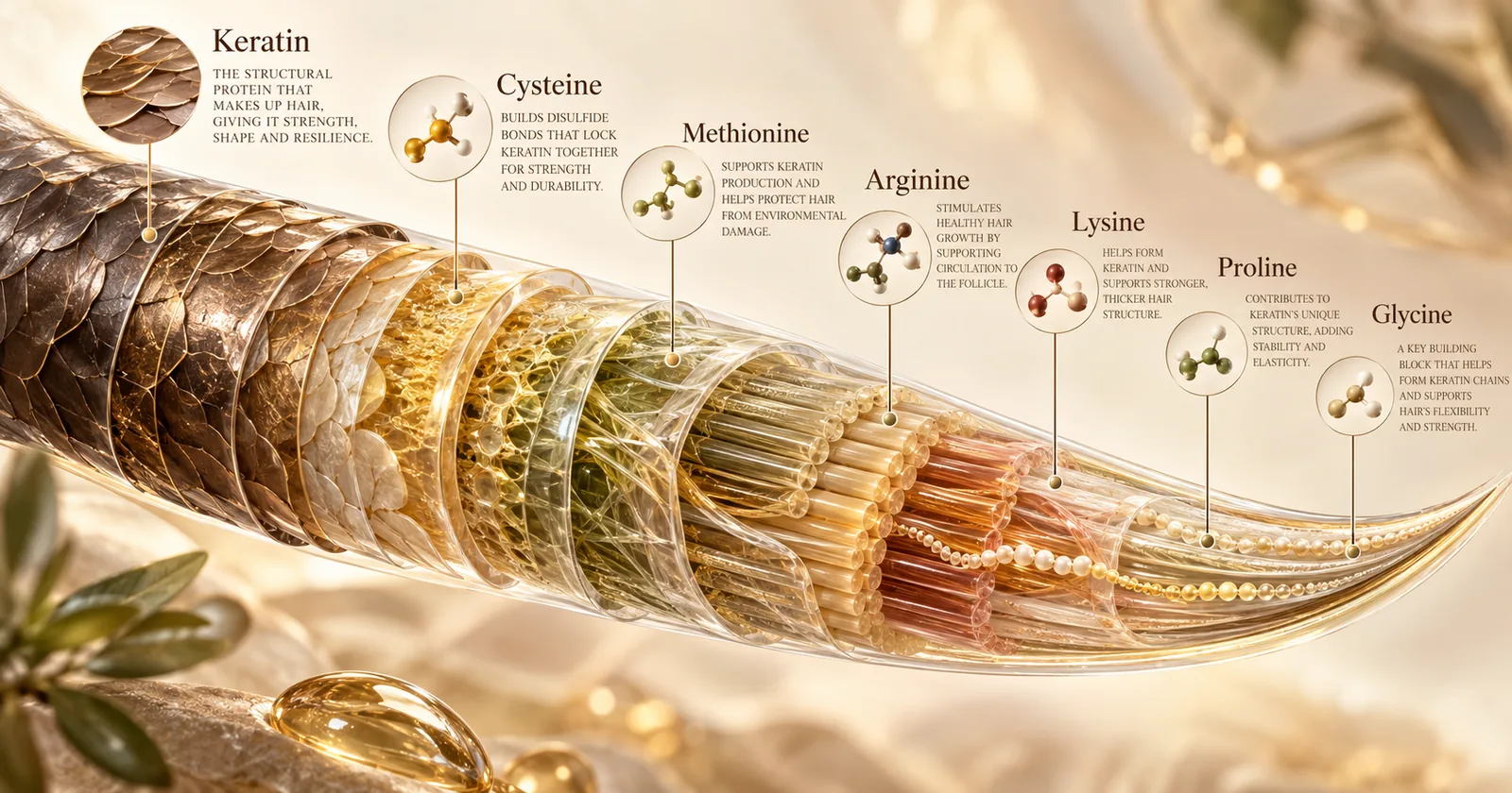 Illustration of a hair strand cut away in layers, showing keratin and the amino acids cysteine, methionine, arginine, lysine, proline and glycine that build it