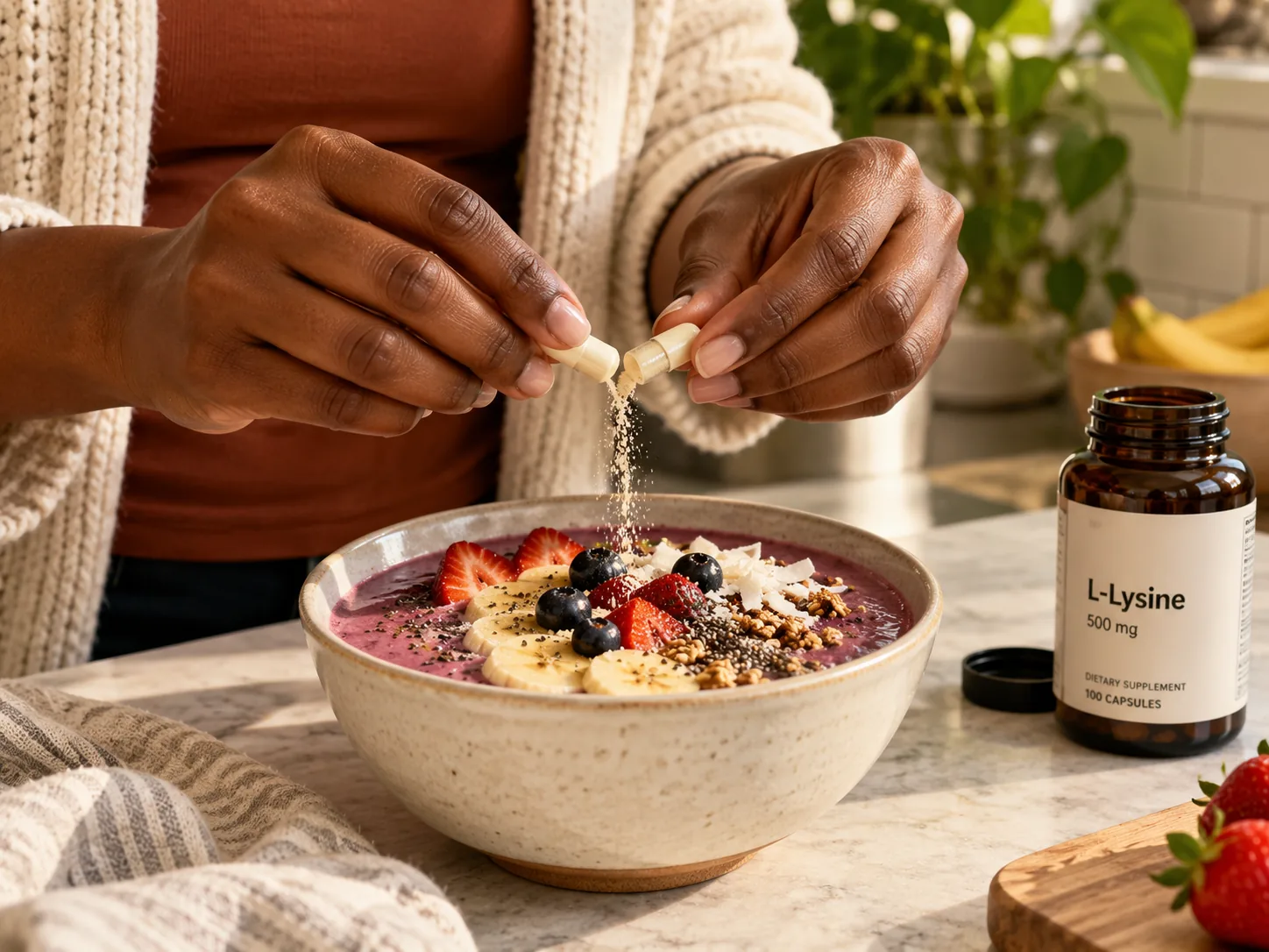 A woman pouring the contents of an L-lysine capsule into a smoothie bowl at a kitchen counter