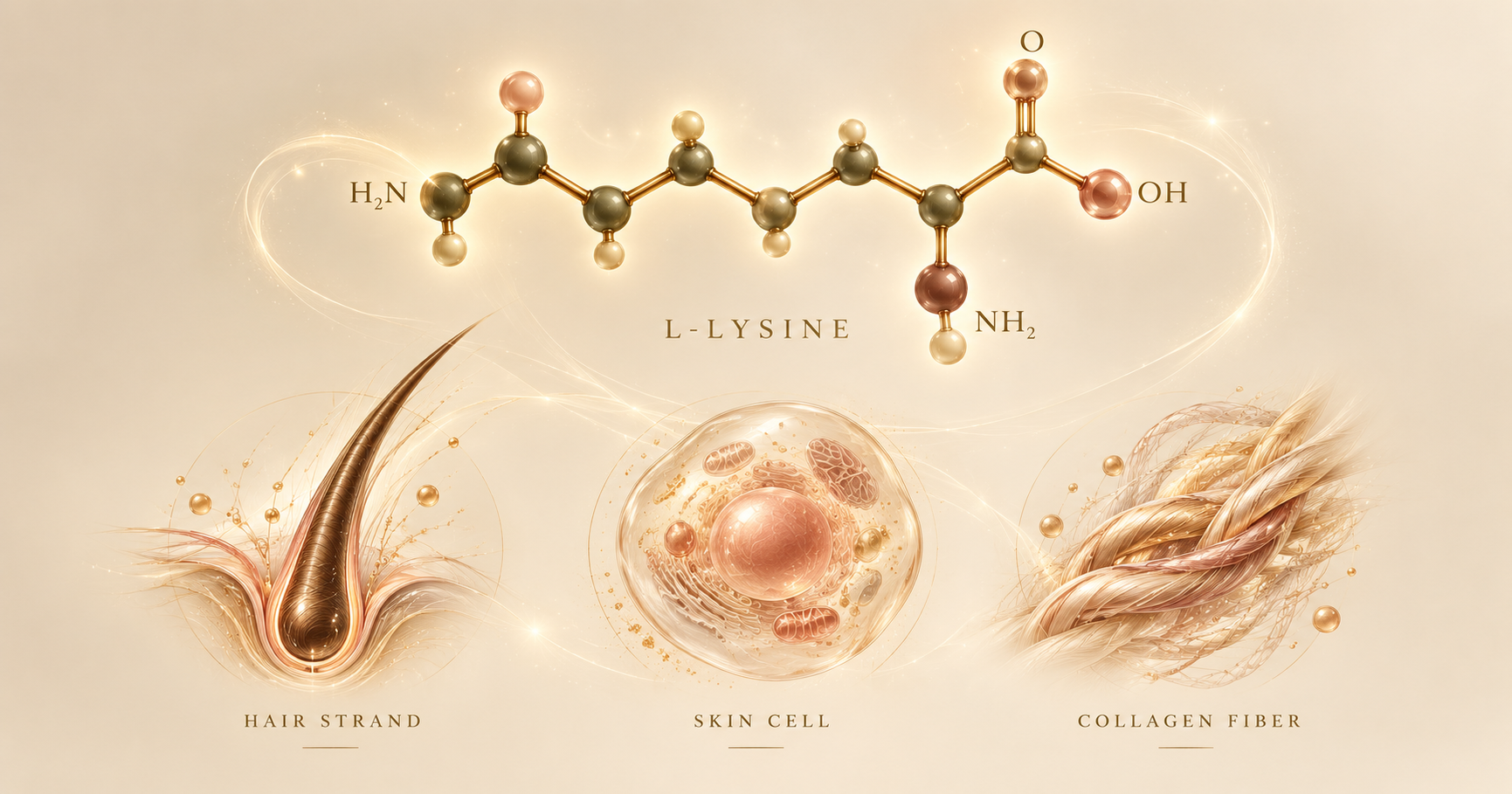 Molecular model of L-lysine above a hair strand, a skin cell and a collagen fiber