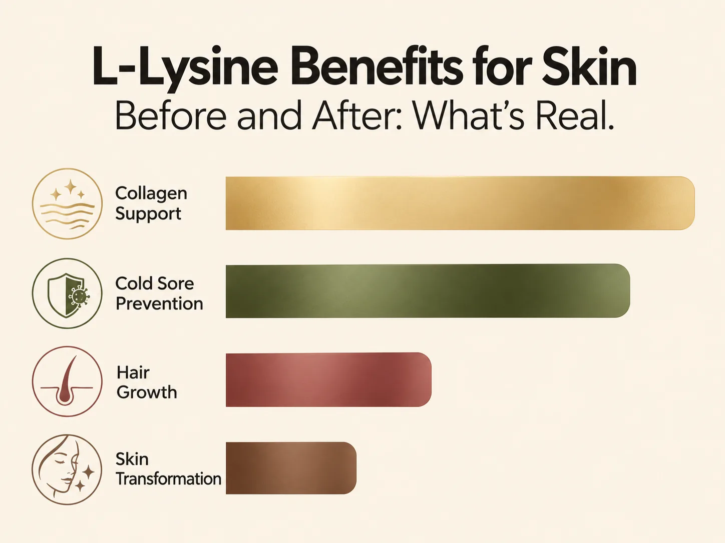 Chart ranking L-lysine benefits from best supported to most overstated, with collagen support and cold sore prevention ahead of hair growth and skin transformation