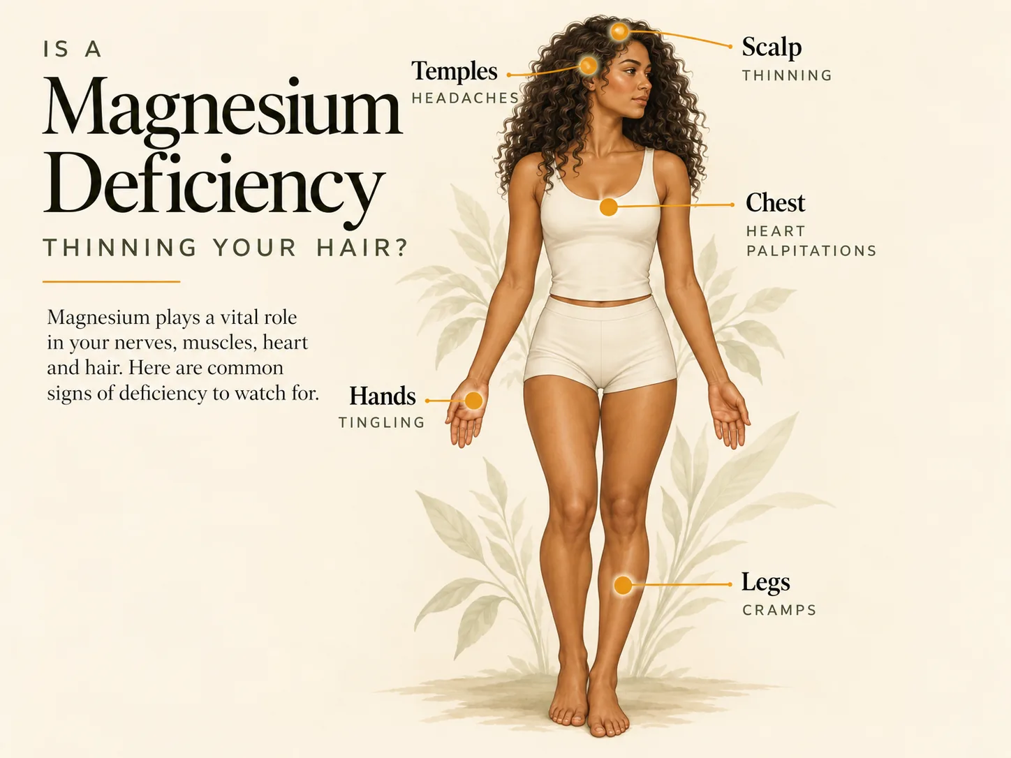 Illustration of a woman with labeled signs of magnesium deficiency: scalp thinning, temple headaches, chest palpitations, hand tingling and leg cramps