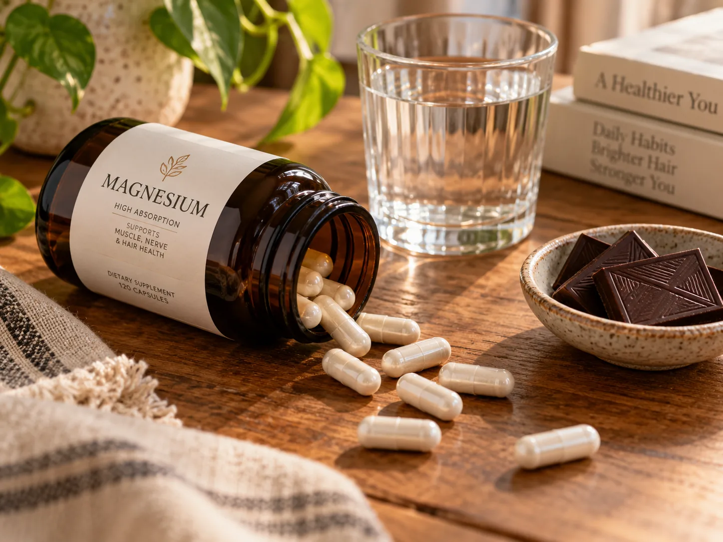 An open magnesium supplement bottle with capsules spilling out on a wooden table beside a glass of water