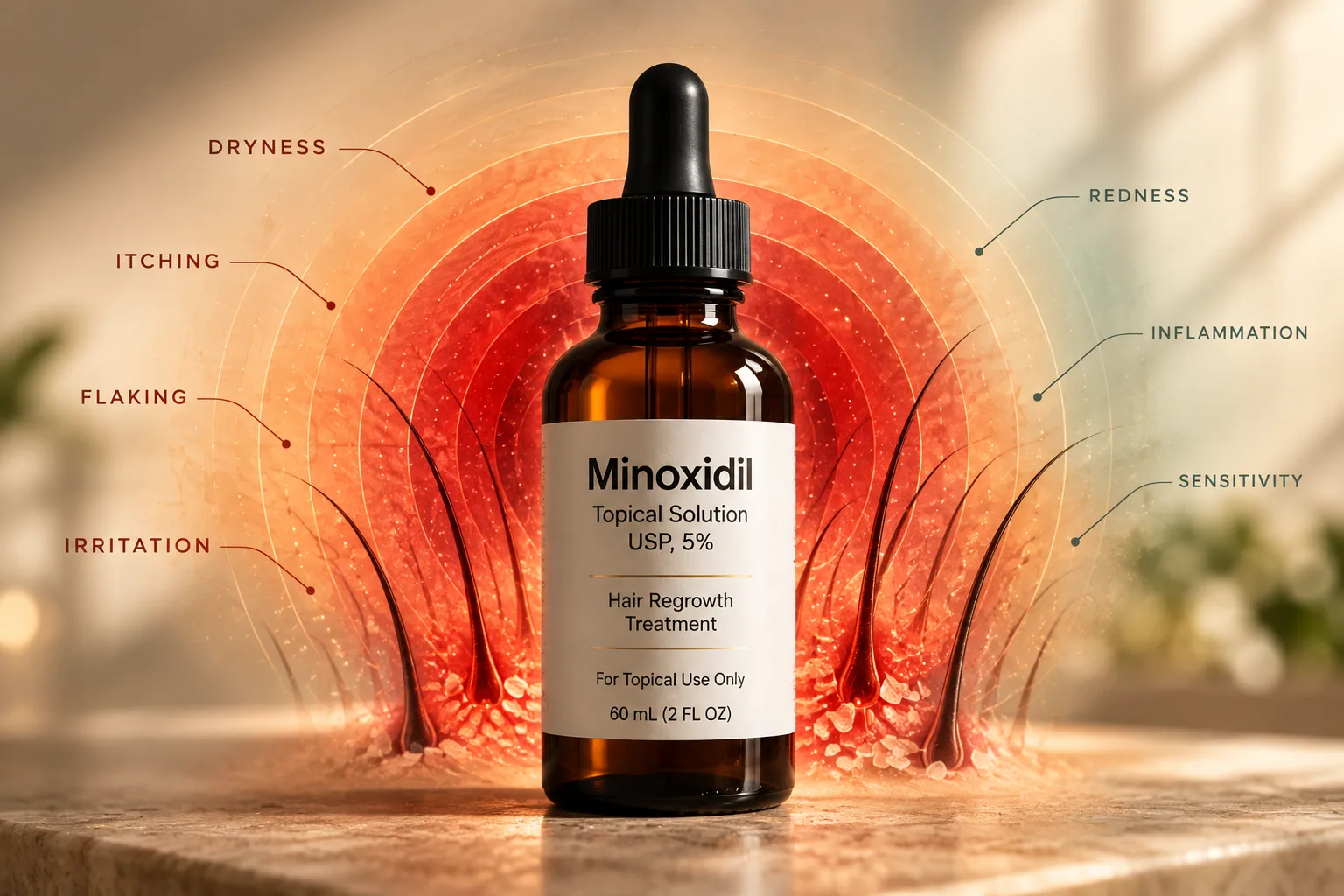 Minoxidil topical solution bottle with labeled scalp irritation symptoms: dryness, itching, flaking, irritation, redness, inflammation and sensitivity