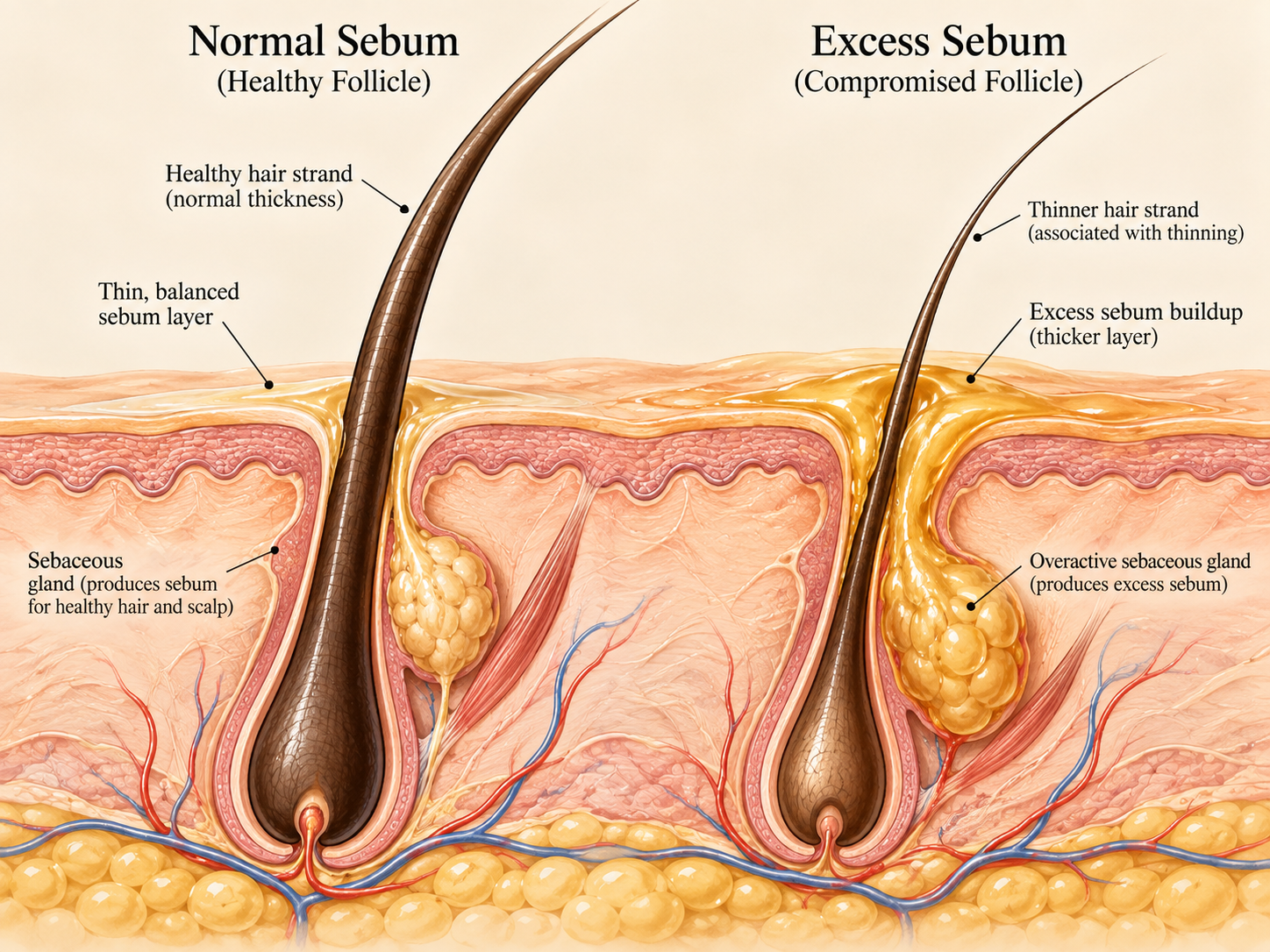 Cross-section illustration comparing a healthy follicle with a thin, balanced sebum layer against a follicle with excess sebum buildup from an overactive sebaceous gland and a thinner hair strand
