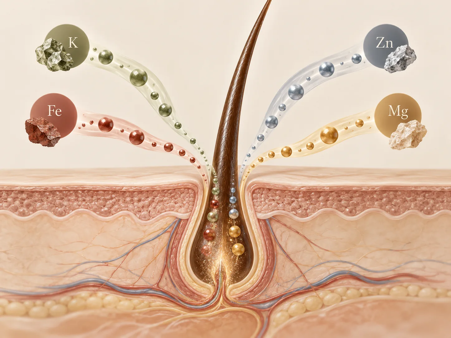 Illustration of potassium, iron, zinc and magnesium reaching a hair follicle beneath the scalp