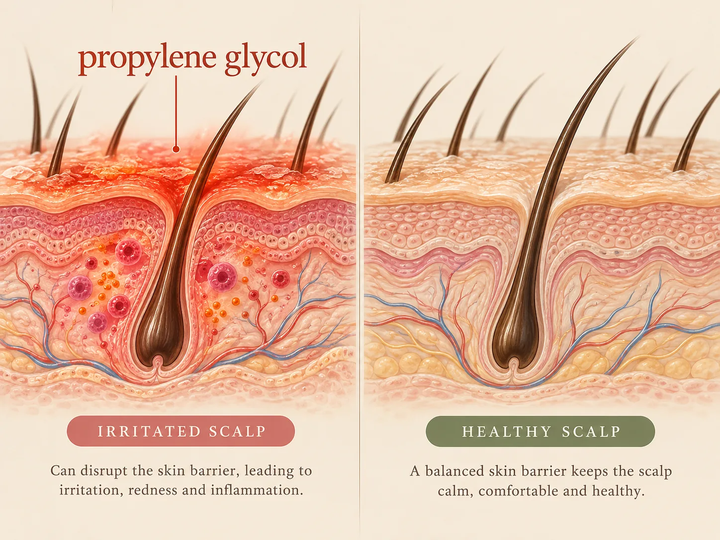 Cross-section illustration comparing an irritated scalp affected by propylene glycol with a calm, healthy scalp