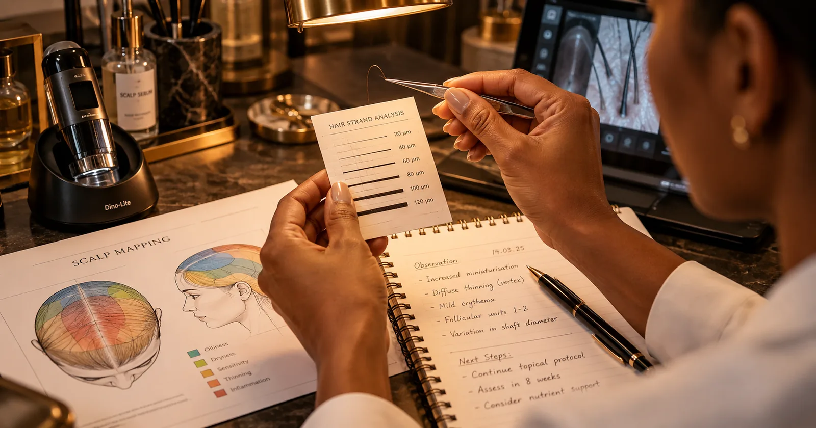 A specialist reviewing hair strand measurements, a scalp map and written observations at a consultation desk