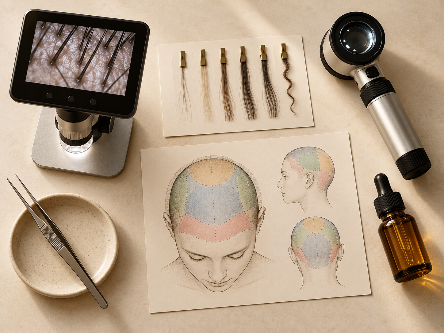 A trichology evaluation desk with a magnifying device, hair strand samples, scalp mapping illustrations and a dropper bottle