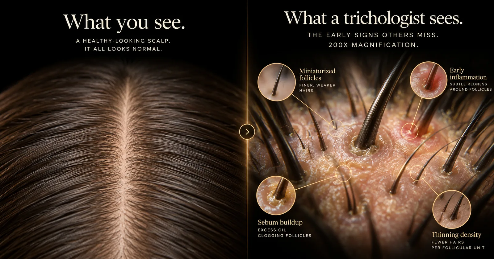 Split illustration comparing what the mirror shows, a healthy-looking part, with what a trichologist sees at 200x magnification: miniaturized follicles, early inflammation, sebum buildup and thinning density