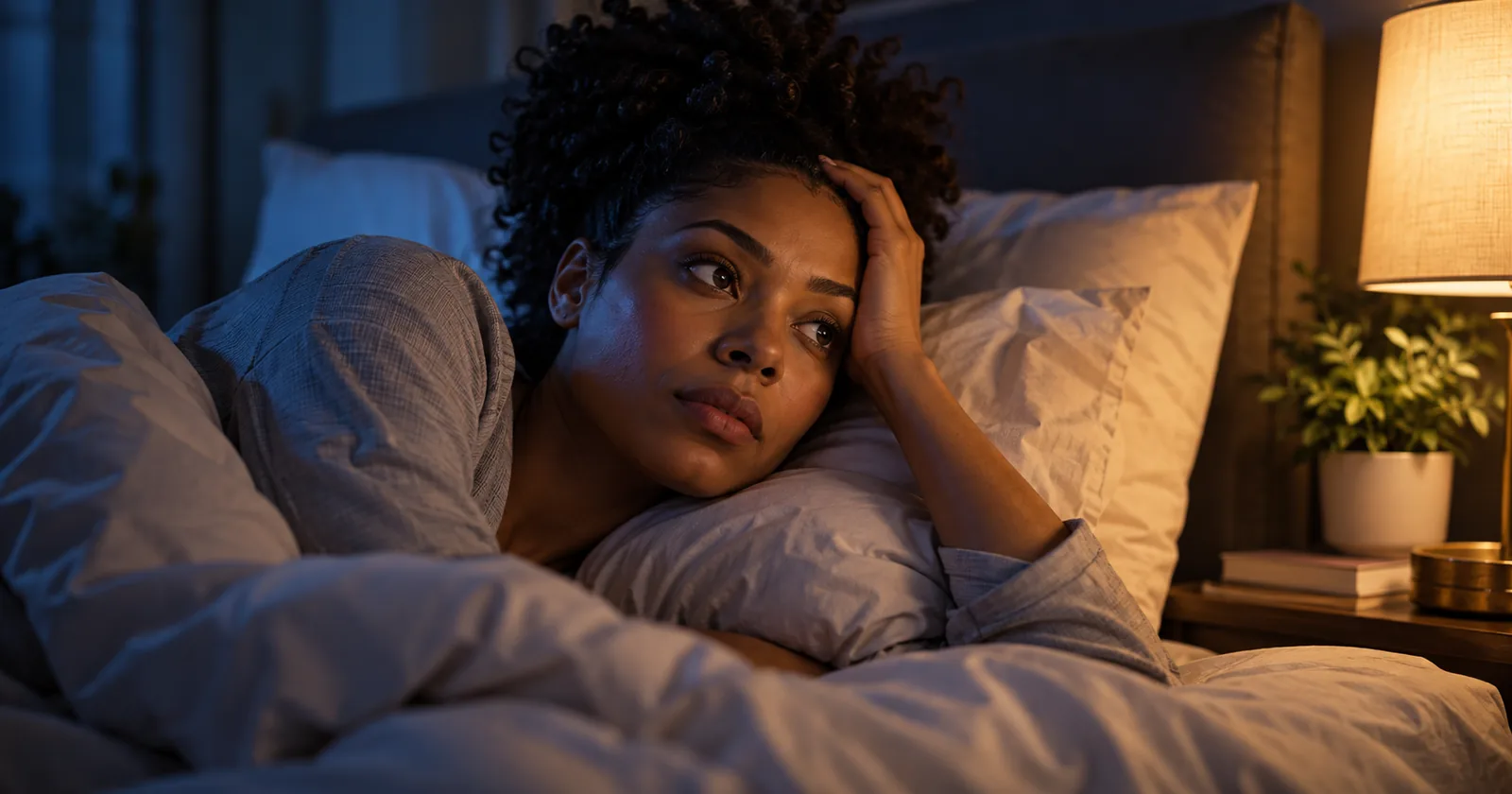 A woman lying awake at night, resting her hand on her forehead beside a softly glowing lamp