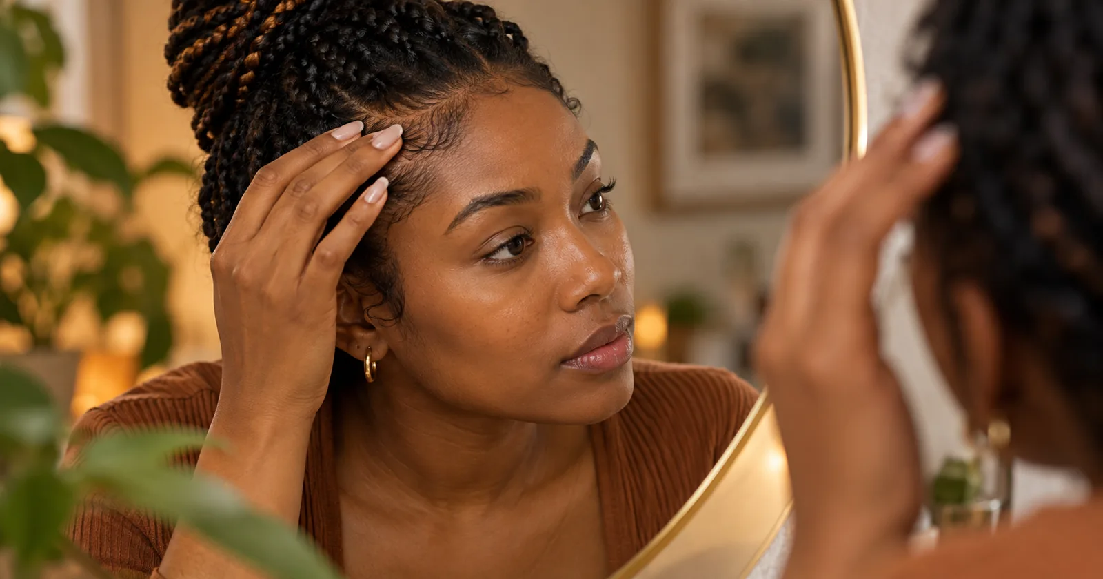 A woman gently checking her hairline in a mirror