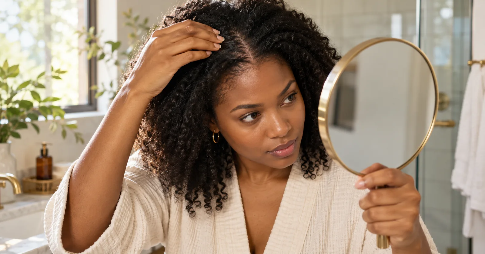 A woman parting her hair at the crown while checking her part in a handheld mirror