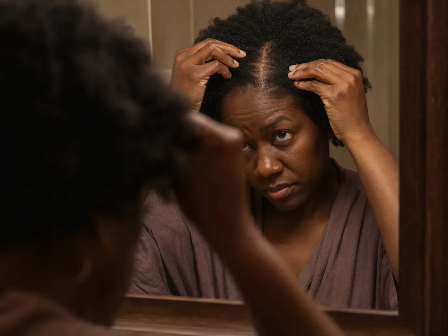A woman parts her natural hair at the crown in a bathroom mirror, checking her scalp up close.