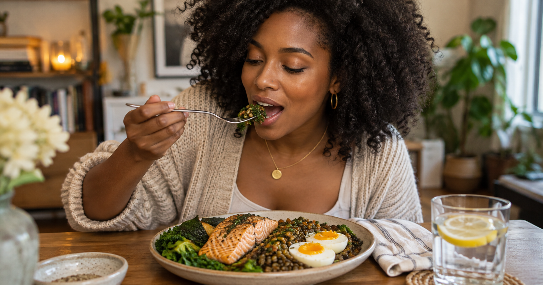 A woman enjoying a protein rich meal with salmon, lentils, eggs and greens