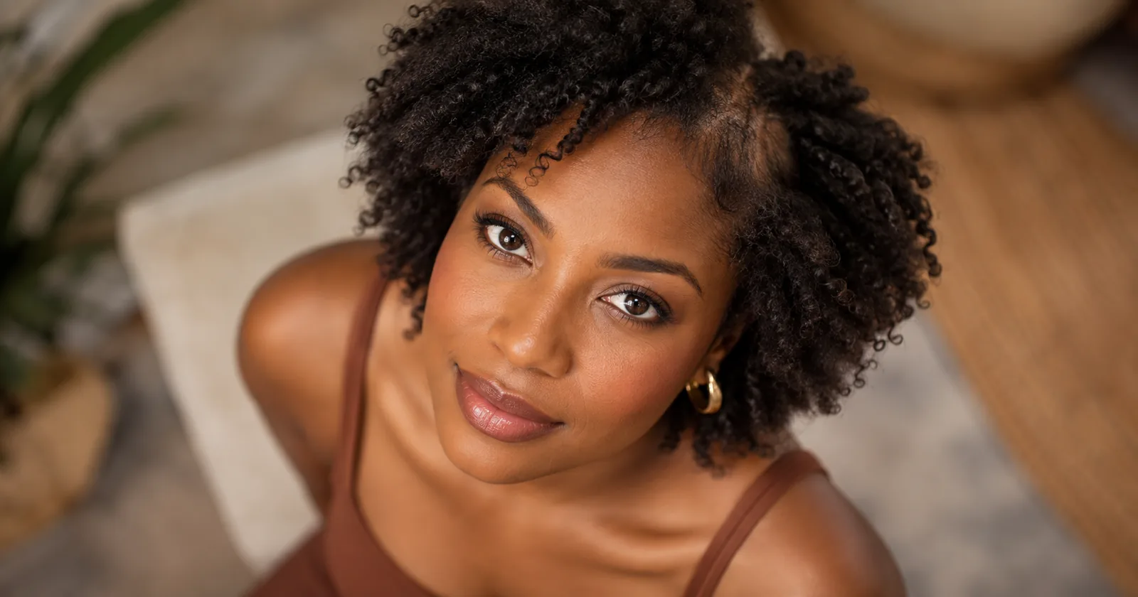 A woman with natural textured hair looking toward the camera