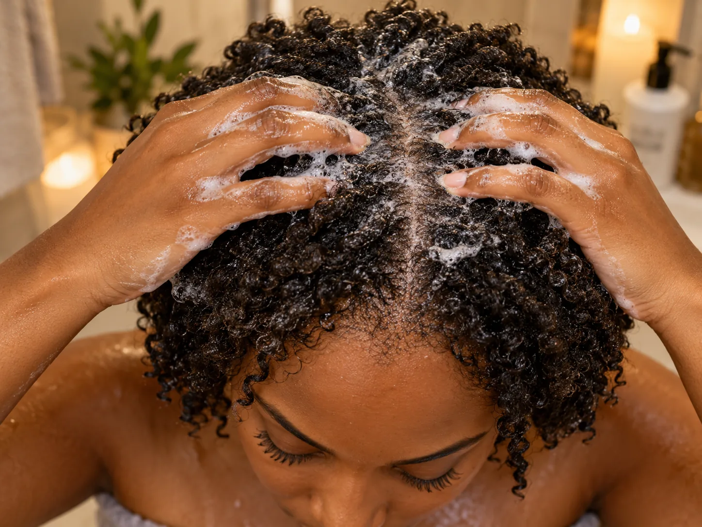 A woman massaging shampoo into her scalp at home, working the suds down to the roots