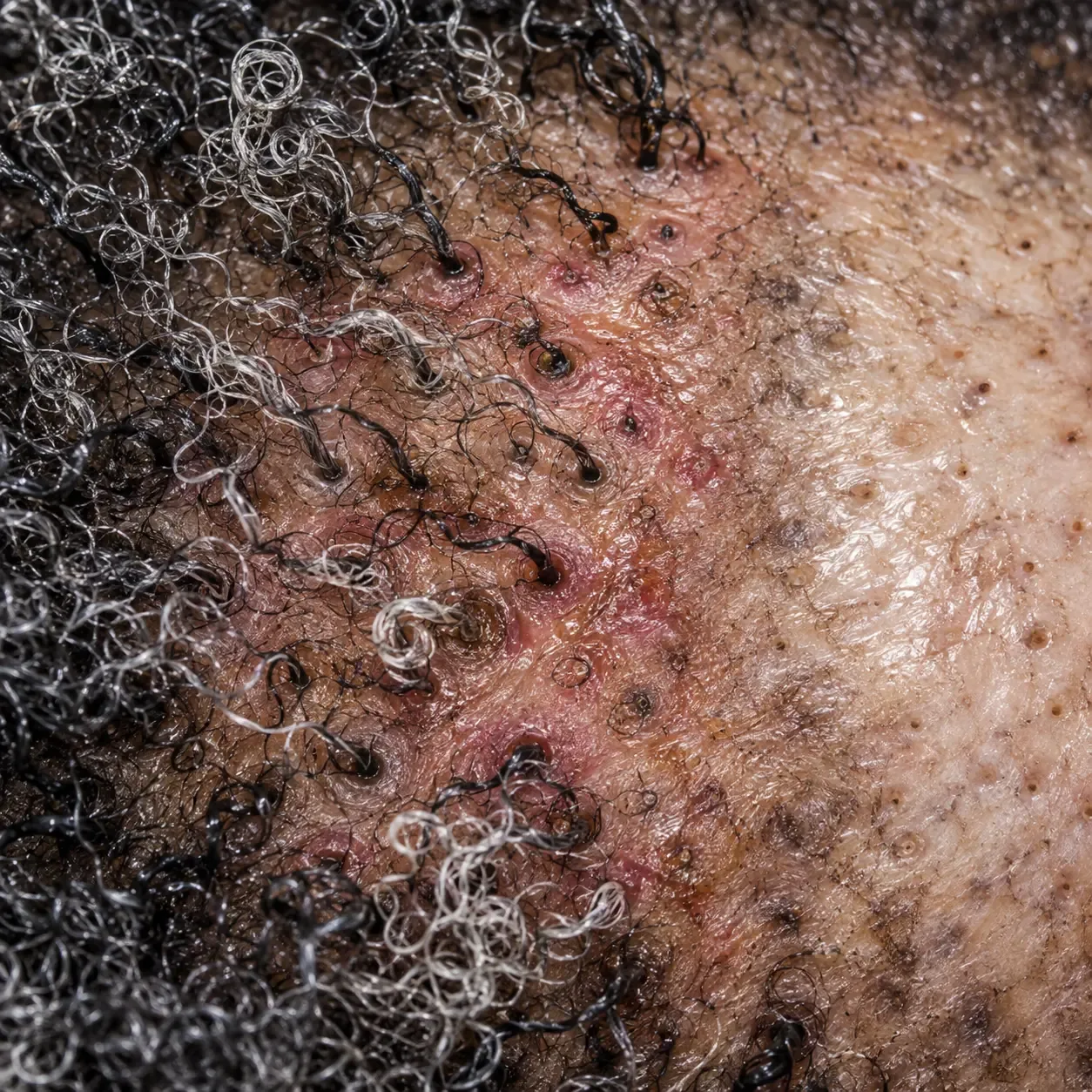 200x scalp view of the crown in CCCA showing the smooth scarred center where follicle openings are lost beside follicles still producing hair