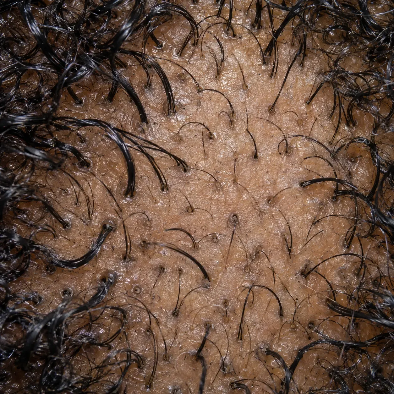 200x scalp view of androgenetic miniaturization with hairs of noticeably different diameters side by side, thinner and shorter where DHT activity is highest