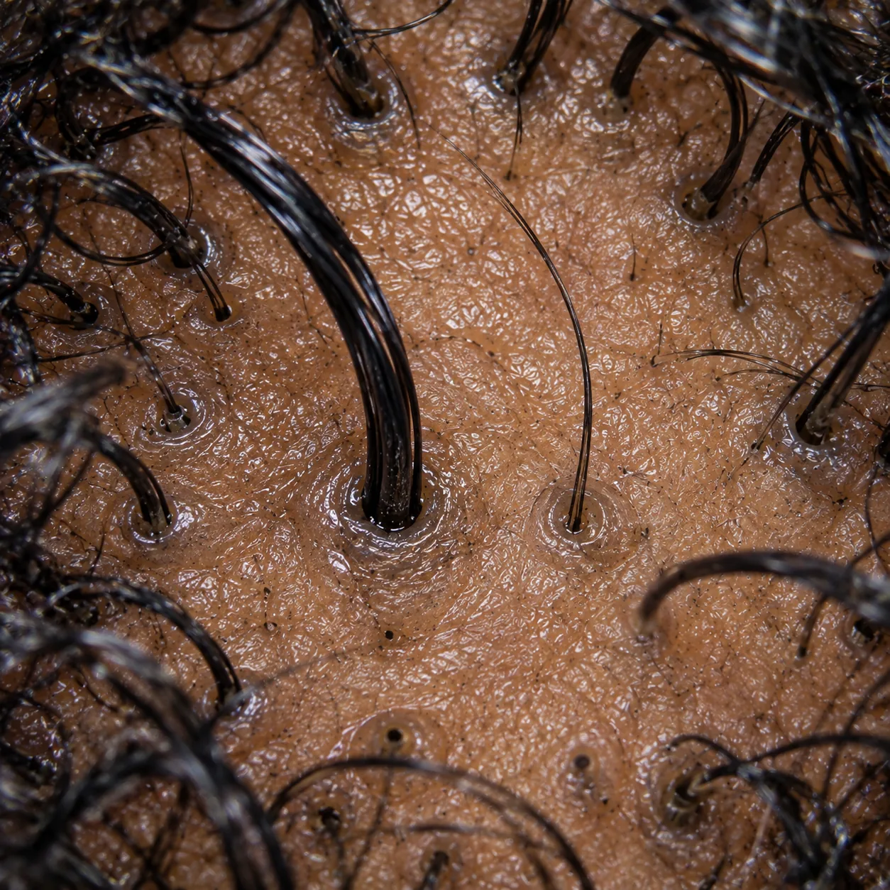 200x close-up of a miniaturized hair follicle, the fine weakened hair next to its healthy full-diameter neighbor
