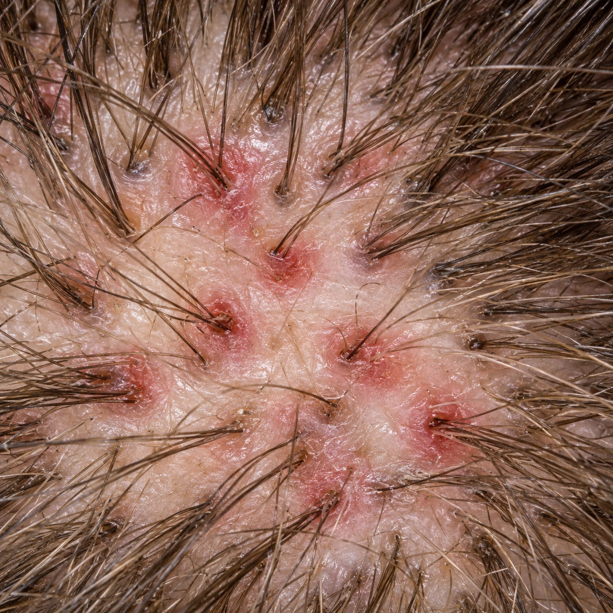 200x close-up of the scalp showing red bumps broken open into tiny crusts centered on the follicle openings, with hairs passing through