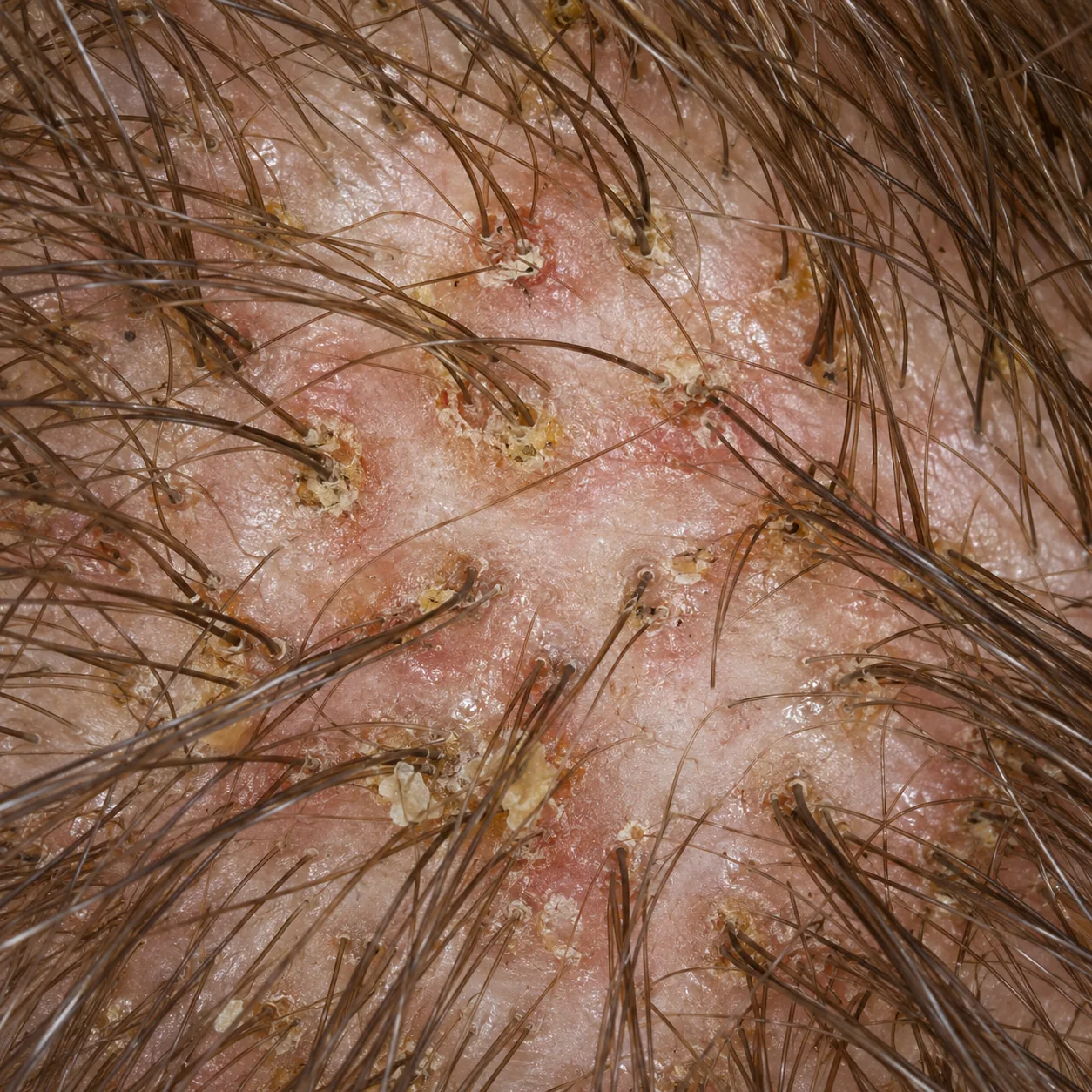 200x close-up of the scalp showing small red bumps centered on the follicle openings with yellow crusting, with hairs still emerging
