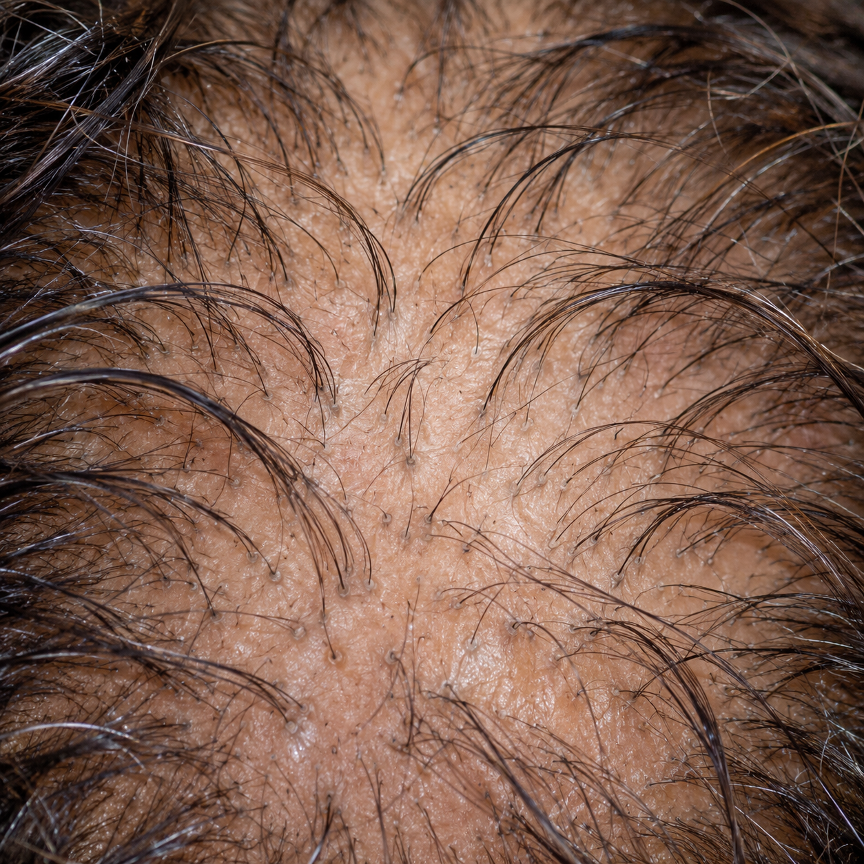 200x view of hairs of mixed thickness at the crown