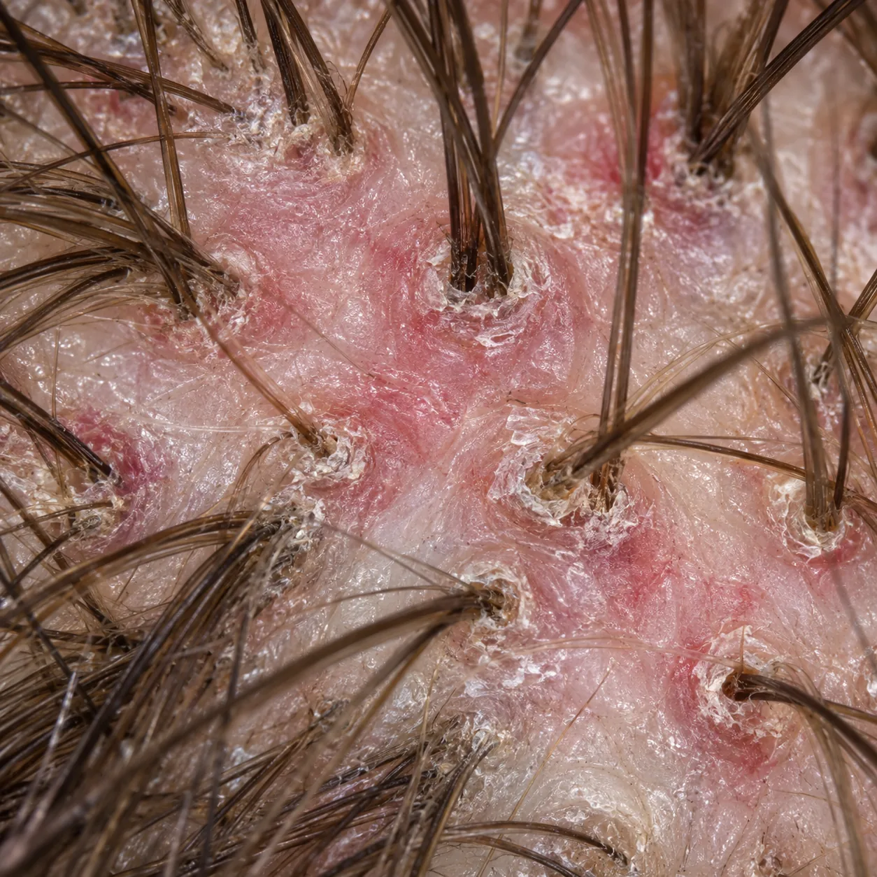 200x view of perifollicular scale around individual hairs