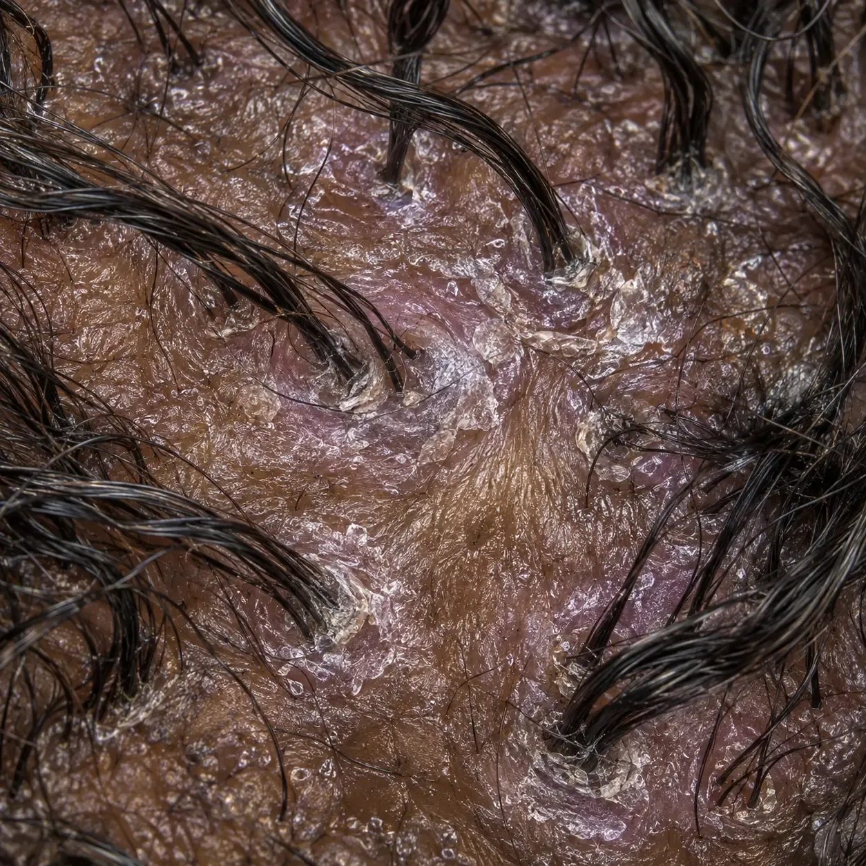 200x scalp view showing loose surface flaking around the hairs during a lichen planus evaluation