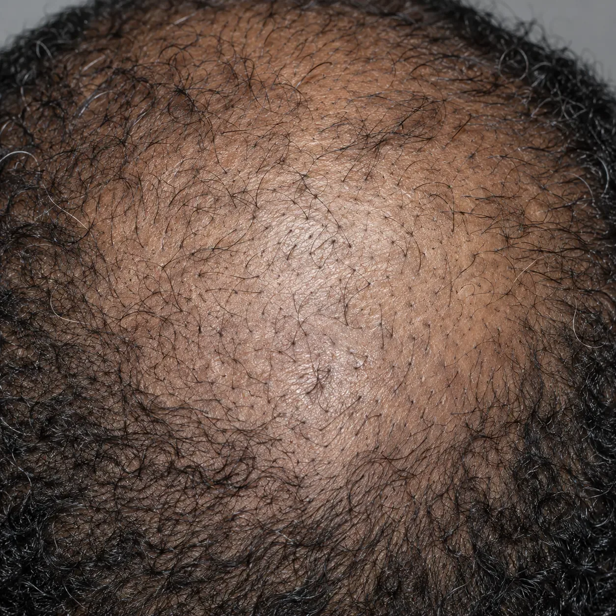 200x view of the crown in male pattern thinning, with hairs of clearly different thicknesses